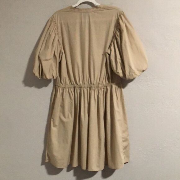 Gap Size L Tall Balloon Sleeve Mini Dress in Sand Khaki Tan Buttons Tie Waist - Picture 2 of 7